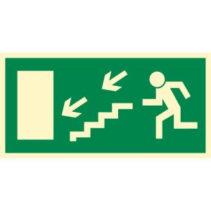 Znak "Kierunek do wyjścia drogi ewakuacyjnej schodami w dół w lewo (znak uzupełniający)"