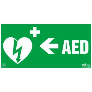 Znak informacyjny "AED w lewo" 150x300mm, płyta PCV