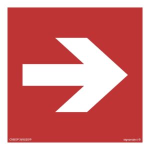 Znak BA011 - "Kierunek do miejsca rozmieszczenia sprzętu pożarniczego lub urządzenia ostrzegającego" - 10x10cm; folia fotolum.