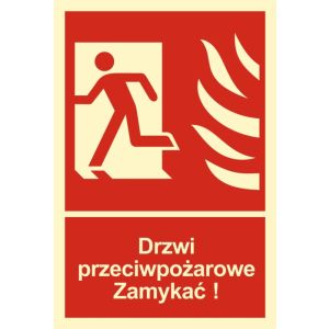 Znak BB011 - "Drzwi przeciwpożarowe Zamykać! Kierunek drogi ewakuacyjnej w lewo" - 15x22,2cm; folia