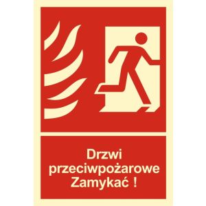 Znak BB014 - "Drzwi przeciwpożarowe Zamykać! Kierunek drogi ewakuacyjnej w prawo" - 15x22,2cm; folia