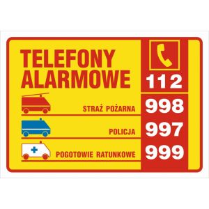 Znak DA003 - "Tabliczka telefonów alarmowych" - 21x14,8cm; płyta 1mm