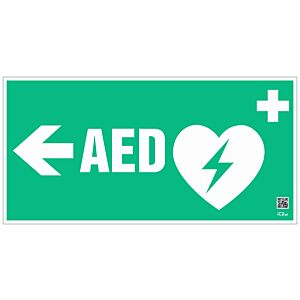 Znak informacyjny "Defibrylator AED w lewo" 400x200 mm, spieniona płyta 3 mm, fotolum.