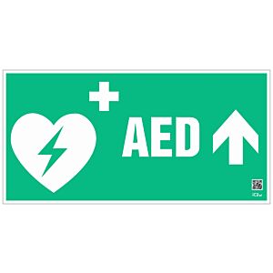Znak informacyjny "Defibrylator AED w górę" 400x200 mm, spieniona płyta 3 mm, fotolum.
