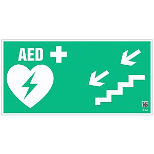 Znak informacyjny "Defibrylator AED schodami w dół w prawo" 300x150 mm, płyta 1 mm