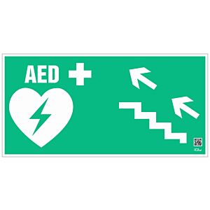 Znak informacyjny "Defibrylator AED schodami w górę w lewo" 300x150 mm, płyta 1 mm