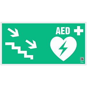 Znak informacyjny "Defibrylator AED schodami w dół w prawo" 300x150 mm, płyta 1 mm
