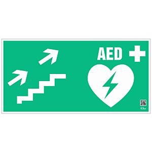 Znak informacyjny "Defibrylator AED schodami w górę w prawo" 400x200 mm, płyta 1 mm, fotolum.