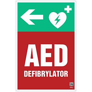 Znak informacyjny "Defibrylator AED w prawo" 200x300 mm, spieniona płyta 3 mm