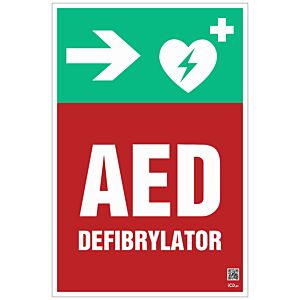 Znak informacyjny "Defibrylator AED w dół w prawo" 200x300 mm, płyta 1 mm, fotolum.
