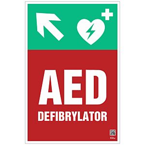 Znak informacyjny "Defibrylator AED w górę w lewo" 200x300 mm, spieniona płyta 3 mm