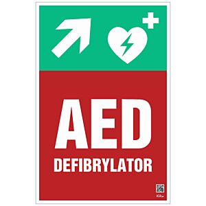 Znak informacyjny "Defibrylator AED w górę w prawo" 200x300 mm, płyta 1 mm, fotolum.