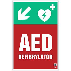Znak informacyjny "Defibrylator AED w dół w lewo" 200x300 mm, spieniona płyta 3 mm