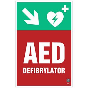 Znak informacyjny "Defibrylator AED w dół w prawo" 200x300 mm, płyta 1 mm, fotolum.