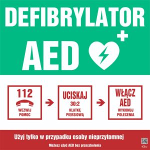 Znak informacyjny "Algorytm postępowania AED"