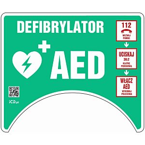 Znak informacyjny "Defibrylator AED" do ROTAID 475x397 mm, płyta 1 mm, fotolum.