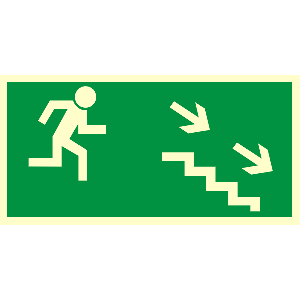 AA004 CE FE - Znak "Kierunek do wyjścia drogi ewakuacyjnej schodami w dół w prawo"
