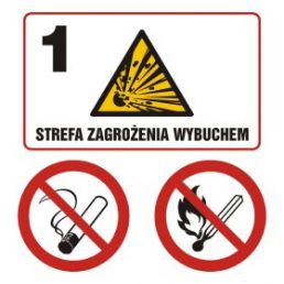 NB036 F1 PN - Znak "Strefa zagrożenia wybuchem 1. Zakaz palenia. Zakaz używania otwartego ognia"