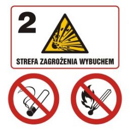 NB037 F1 PN - Znak "Strefa zagrożenia wybuchem 2. Zakaz palenia. Zakaz używania otwartego ognia."