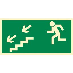 AA005 DE PS - Znak "Kierunek do wyjścia drogi ewakuacyjnej schodami w dół w lewo"