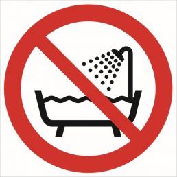 Znak ''Zakaz używania urządzenia w wannie, pod prysznicem i w zbiorniku z wodą