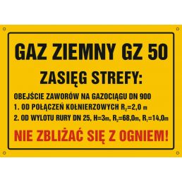Znak "Gaz ziemny GZ-50. Zasięg strefy: obejście zaworów na gazociągu DN 900"