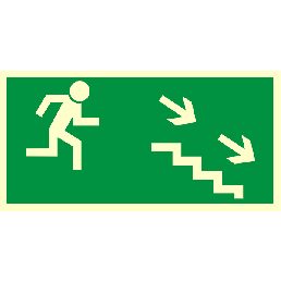 AA004 CE FE - Znak "Kierunek do wyjścia drogi ewakuacyjnej schodami w dół w prawo"
