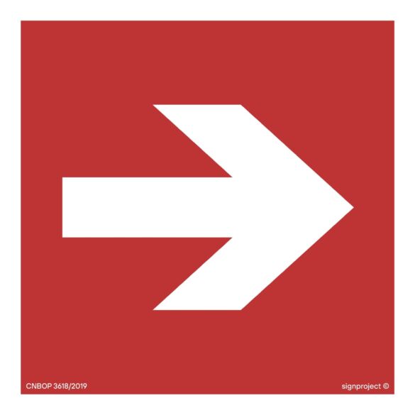 Znak BA011 - "Kierunek do miejsca rozmieszczenia sprzętu pożarniczego lub urządzenia ostrzegającego" - 10x10cm; płyta TD fotolum.