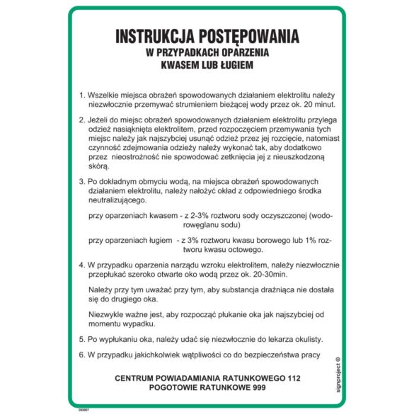 Instrukcja postępowania w przypadku oparzenia kwasem lub ługiem - DD007