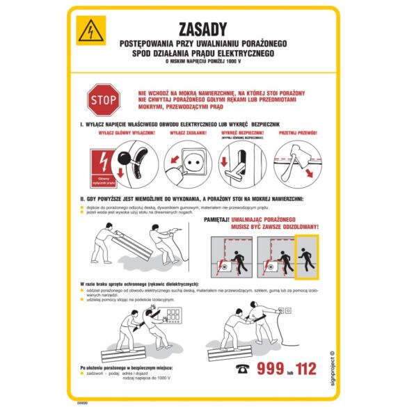 Zasady postępow.przy uwalnianiu porażonego spod działania prądu elektr. o niskim napięciu poniżej 1000 V - DD020