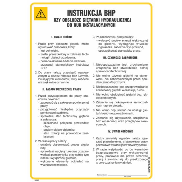 Instrukcja BHP przy obsłudze giętarki hydraulicznej do rur instalacyjnych - IAC28