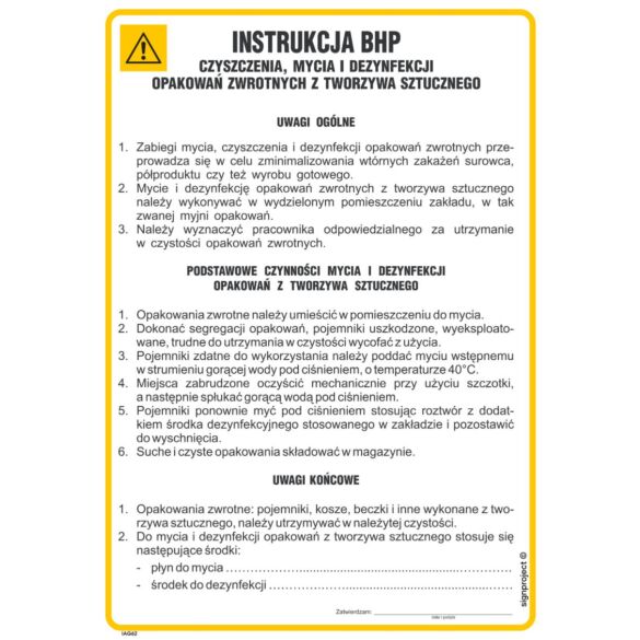 Instrukcja BHP czyszczenia, mycia i dezynfekcji opakowań zwrotnych z tworzyw sztucznych - IAG62