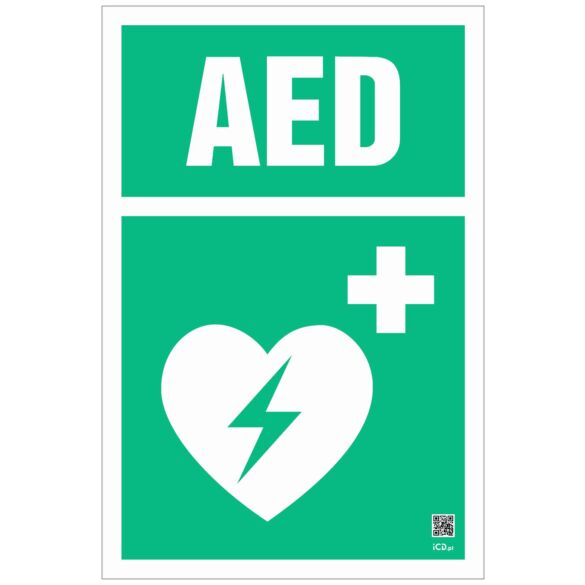 Znak informacyjny "AED" 100x150 mm, spieniona płyta 3 mm, fotolum.