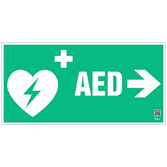 Znak informacyjny "Defibrylator AED w lewo" 400x200 mm, spieniona płyta 3 mm