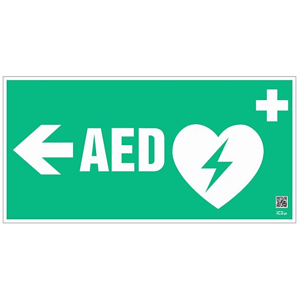 Znak informacyjny "Defibrylator AED w lewo" 400x200 mm, spieniona płyta 3 mm, fotolum.