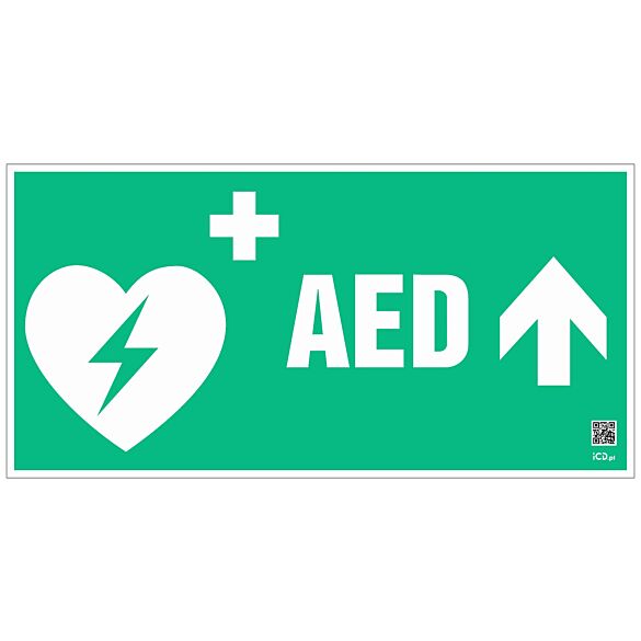 Znak informacyjny "Defibrylator AED w górę" 400x200 mm, płyta 1 mm