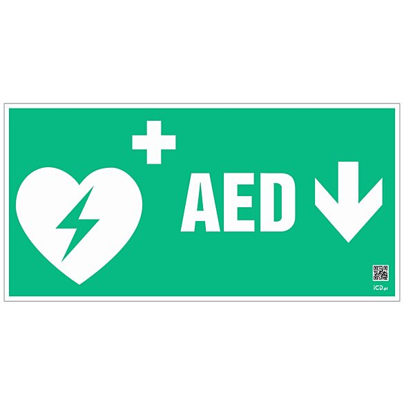 Znak informacyjny "Defibrylator AED w dół" 400x200 mm, płyta 1 mm