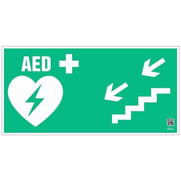 Znak informacyjny "Defibrylator AED schodami w dół w lewo" 400x200 mm, płyta 1 mm, fotolum.