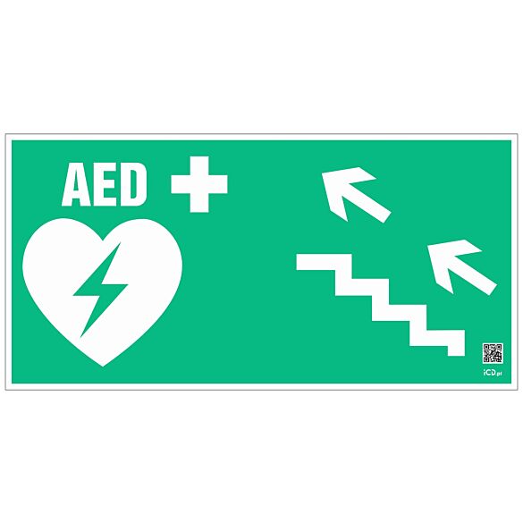 Znak informacyjny "Defibrylator AED schodami w górę w lewo" 300x150 mm, płyta 1 mm, fotolum.