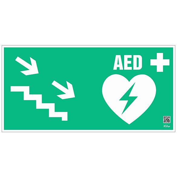 Znak informacyjny "Defibrylator AED schodami w dół w prawo" 300x150 mm, spieniona płyta 3 mm