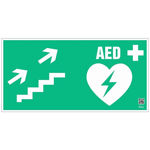 Znak informacyjny "Defibrylator AED schodami w górę w prawo" 400x200 mm, płyta 1 mm
