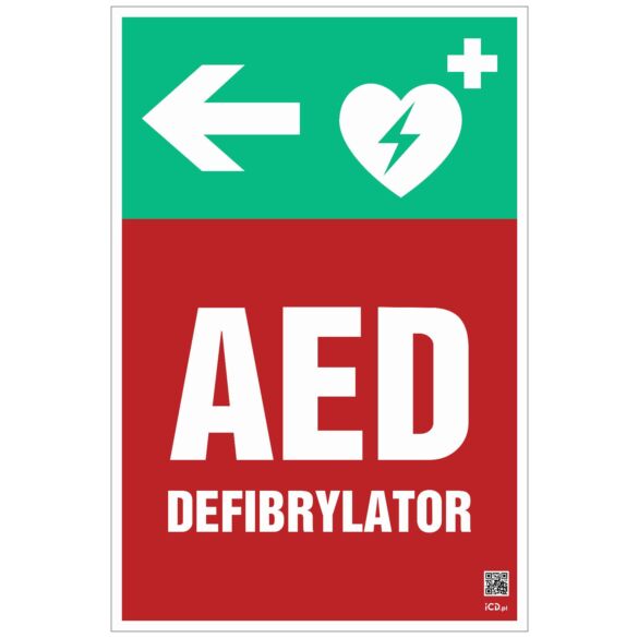 Znak informacyjny "Defibrylator AED w lewo" 200x300 mm, płyta 1 mm