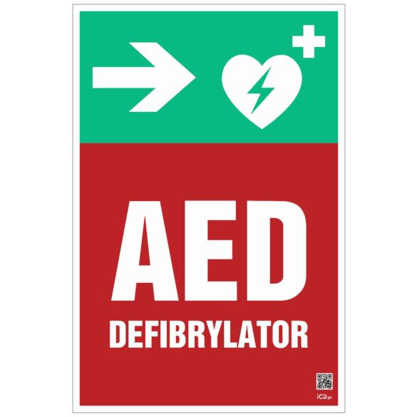 Znak informacyjny "Defibrylator AED w dół w lewo" 200x300 mm, płyta 1 mm