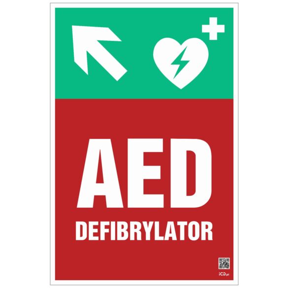 Znak informacyjny "Defibrylator AED w górę w lewo" 200x300 mm, płyta 1 mm