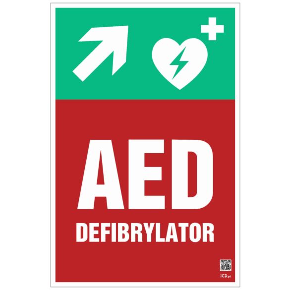 Znak informacyjny "Defibrylator AED w górę w prawo" 200x300 mm, płyta 1 mm