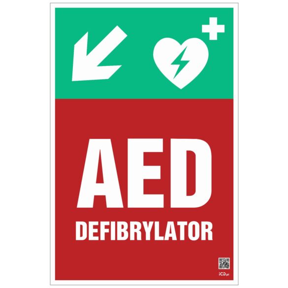 Znak informacyjny "Defibrylator AED w dół w lewo" 200x300 mm, płyta 1 mm