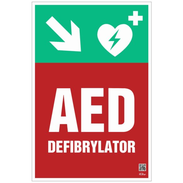 Znak informacyjny "Defibrylator AED w dół w prawo" 200x300 mm, płyta 1 mm