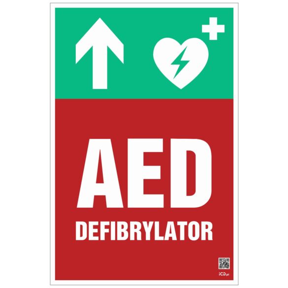 Znak informacyjny "Defibrylator AED w górę" 200x300 mm, płyta 1 mm