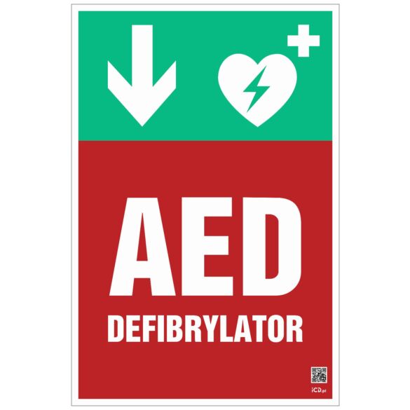 Znak informacyjny "Defibrylator AED w dół" 200x300 mm, spieniona płyta 3 mm